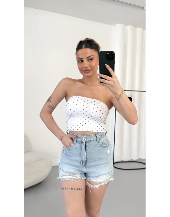 Lexi Gloplu Puantiyeli Crop - Beyaz