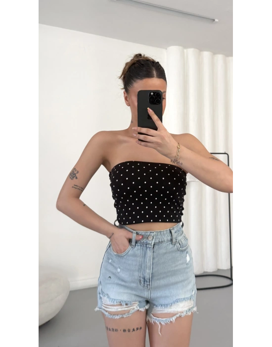 Lexi Gloplu Puantiyeli Crop - Siyah