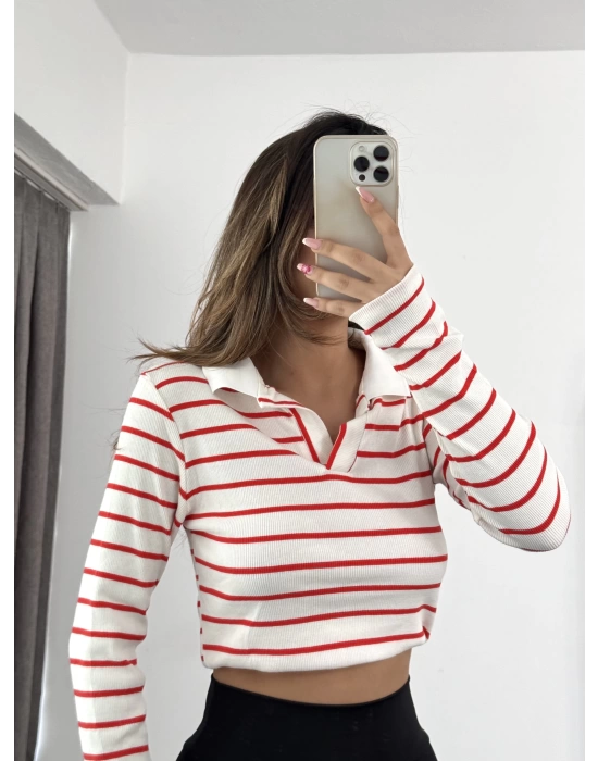 Lexi Polo Yaka Crop - Kırmızı