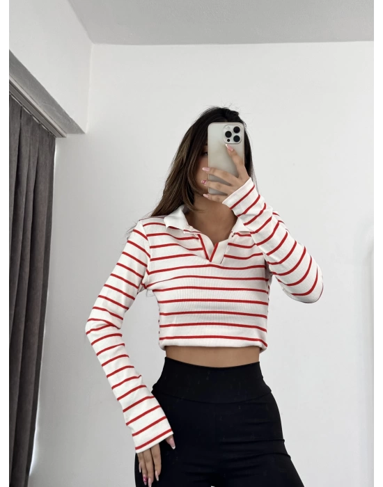 Lexi Polo Yaka Crop - Kırmızı