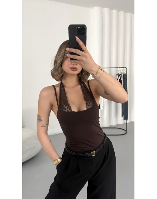 Lilah Dantel Detay Bodysuit - Kahve