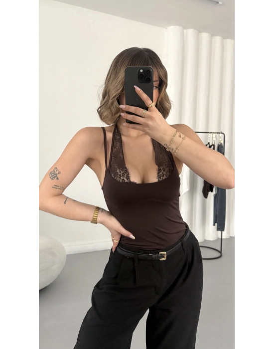 Lilah Dantel Detay Bodysuit - Kahve