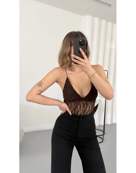 Linet Dantel Bodysuit - Kahve