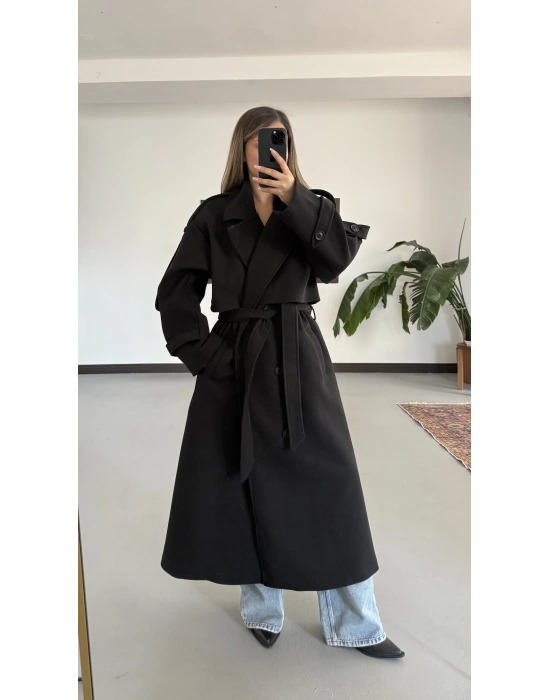 Lisa Long Kaşe Kaban - Siyah