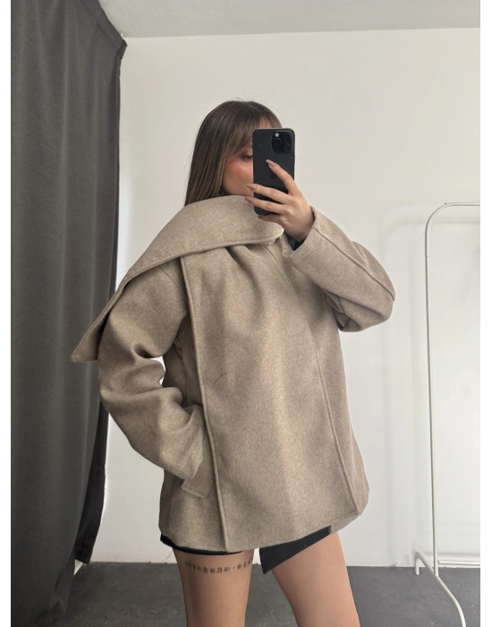 Lisa Şal Yaka Kaşe Kaban - Bej