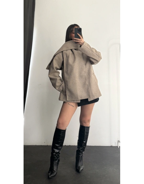 Lisa Şal Yaka Kaşe Kaban - Bej