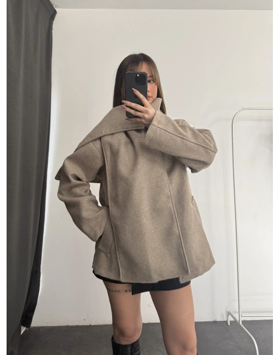 Lisa Şal Yaka Kaşe Kaban - Bej