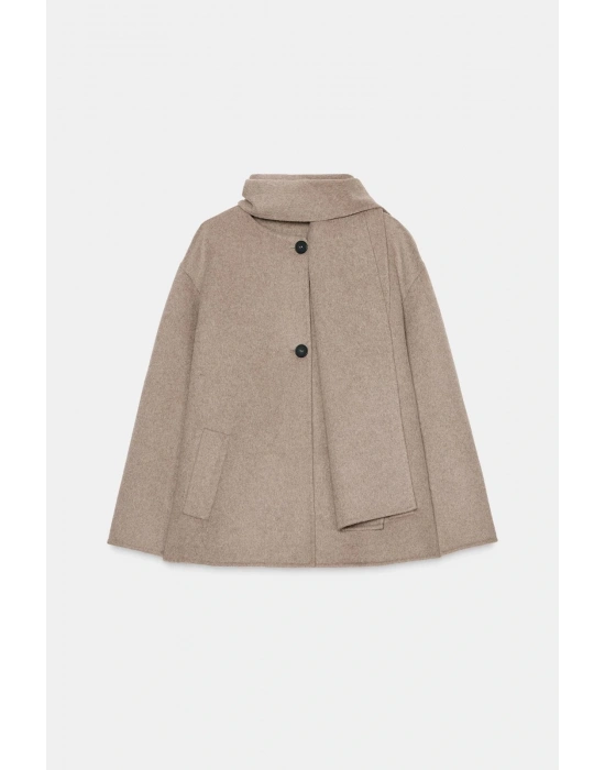 Lisa Şal Yaka Kaşe Kaban - Bej