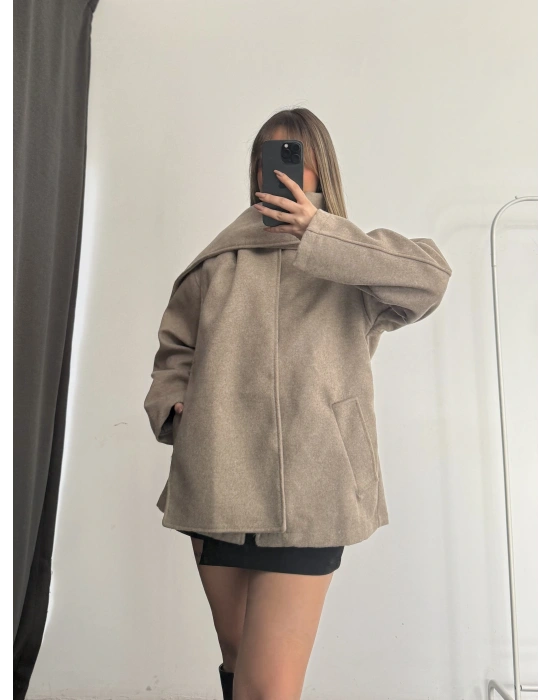 Lisa Şal Yaka Kaşe Kaban - Bej