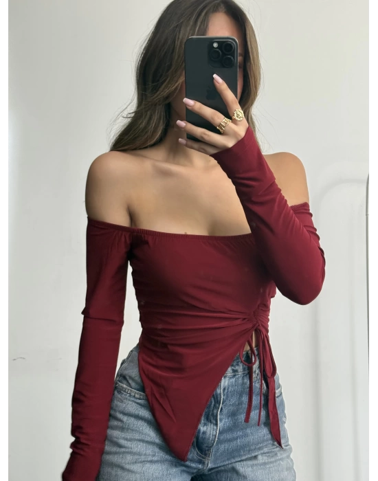 Loli Kayık Yaka Crop - Bordo