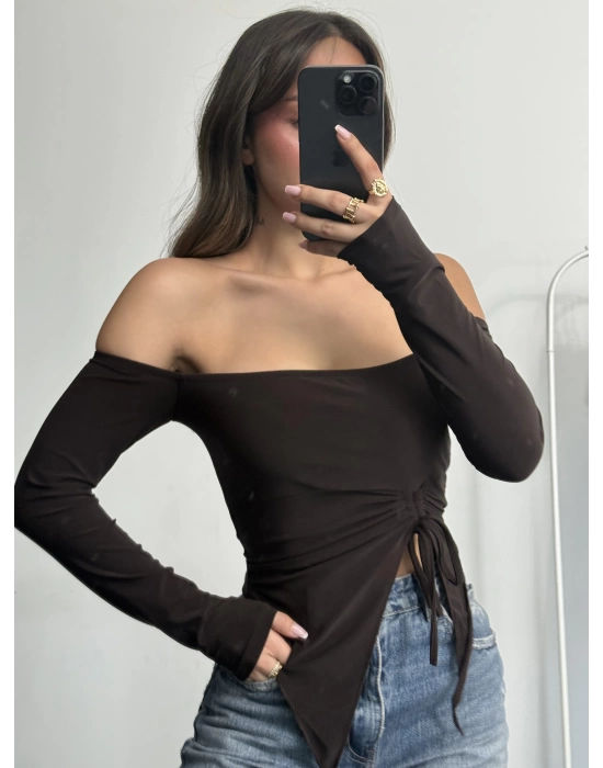 Loli Kayık Yaka Crop - Kahve