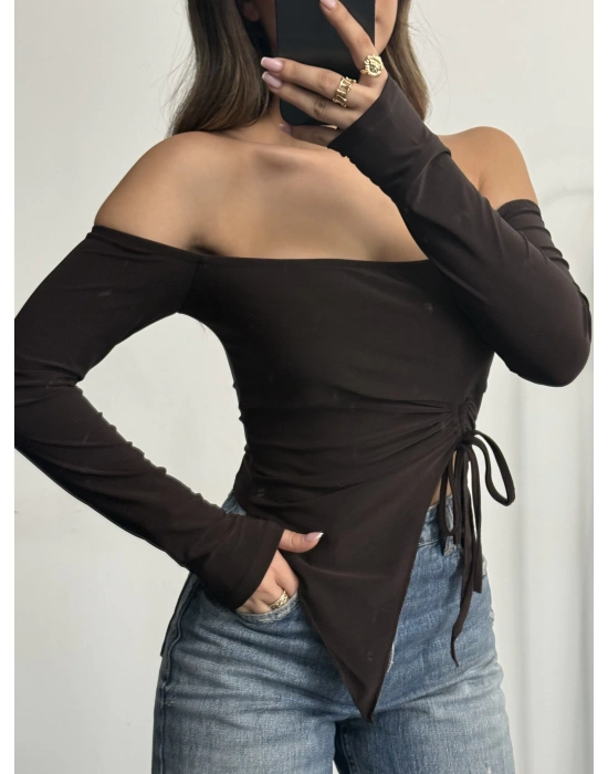 Loli Kayık Yaka Crop - Kahve