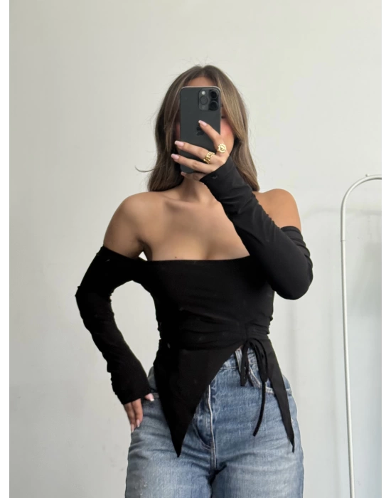 Loli Kayık Yaka Crop - Siyah