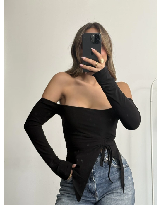 Loli Kayık Yaka Crop - Siyah