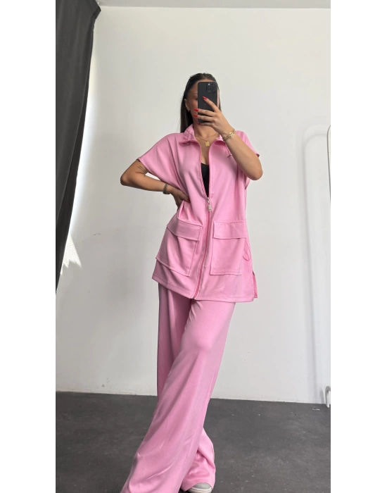 Lona Fermuarlı Takım - Pembe