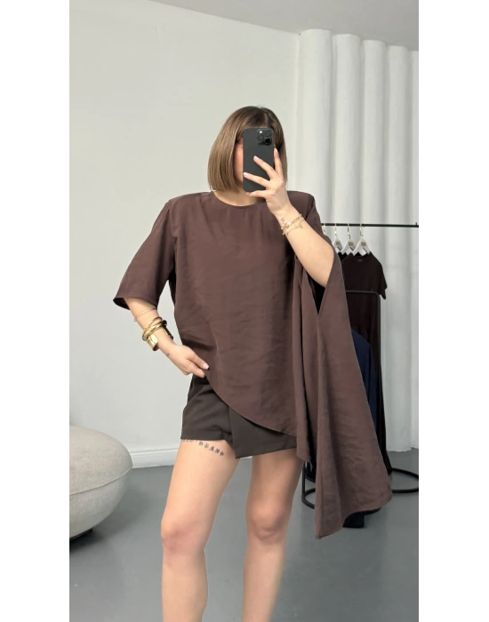 Lora Asimetrik Bluz - Kahve
