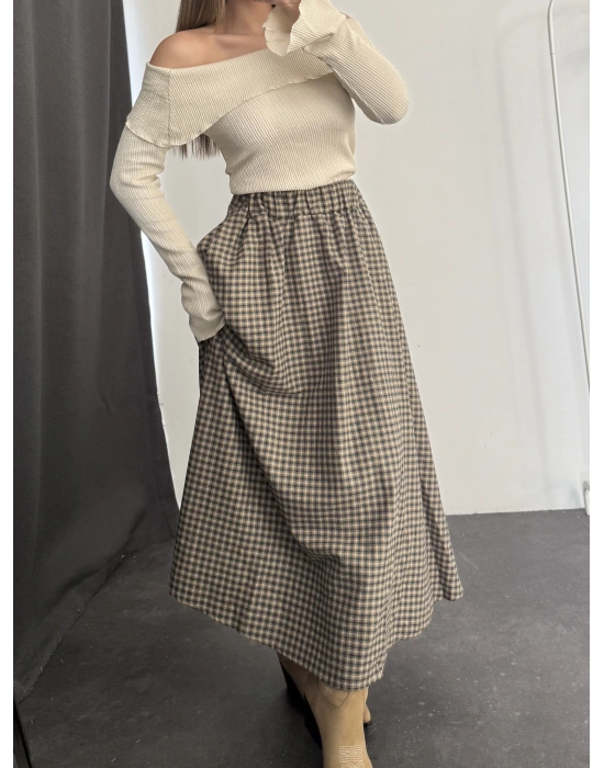 Maisie Ekoseli Etek - Kahve