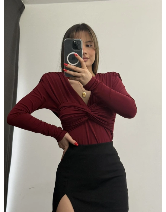 Malika Vatkalı Kruvaze Bluz - Bordo