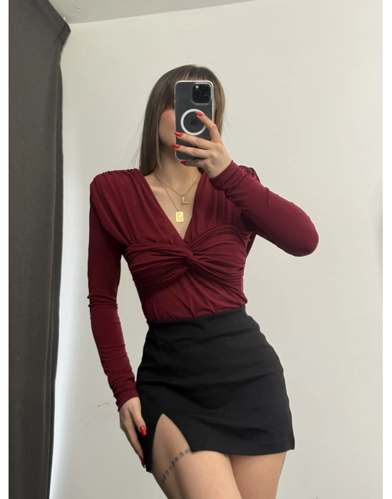 Malika Vatkalı Kruvaze Bluz - Bordo