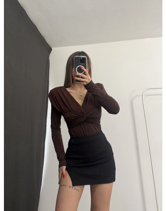 Malika Vatkalı Kruvaze Bluz - Kahve