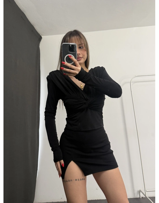 Malika Vatkalı Kruvaze Bluz - Siyah