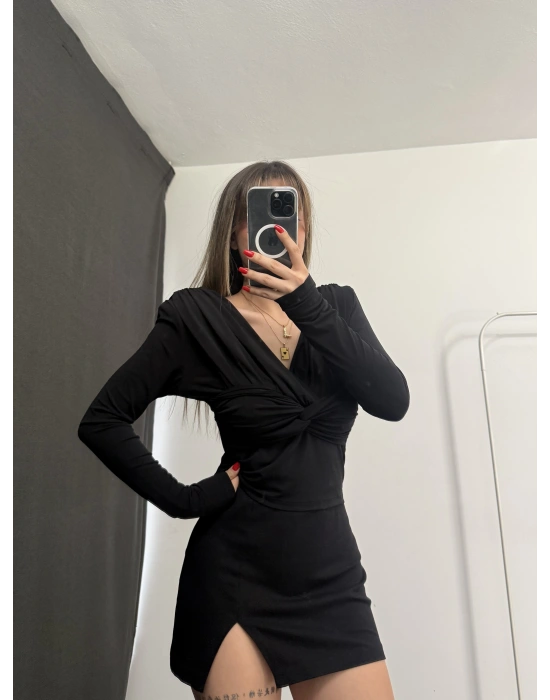 Malika Vatkalı Kruvaze Bluz - Siyah