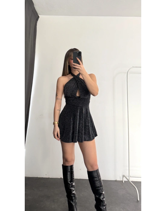 Margot Sırt Dekolte Simli Elbise - Siyah