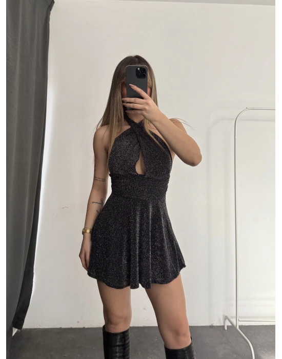 Margot Sırt Dekolte Simli Elbise - Siyah