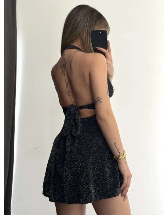 Margot Sırt Dekolte Simli Elbise - Siyah