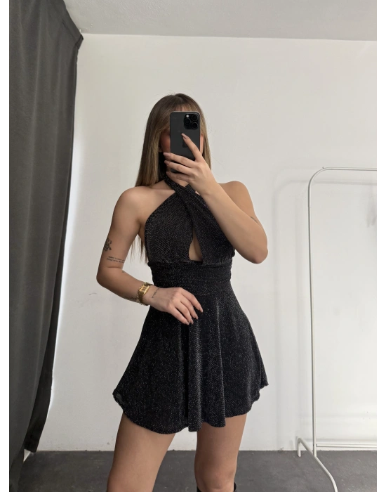 Margot Sırt Dekolte Simli Elbise - Siyah