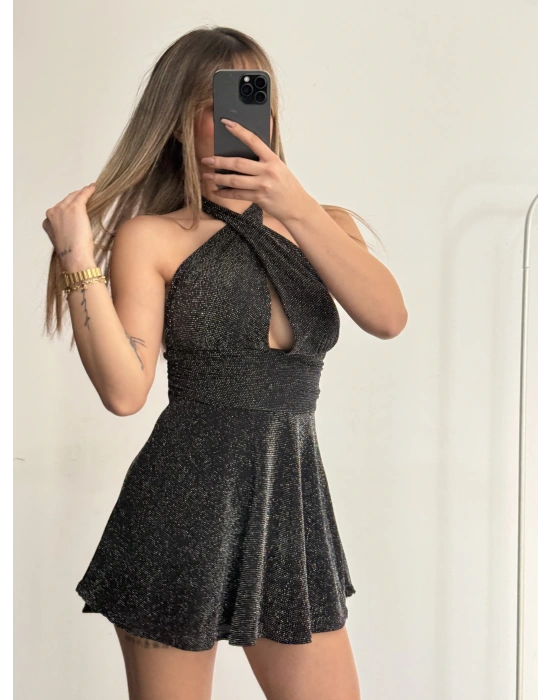 Margot Sırt Dekolte Simli Elbise - Siyah