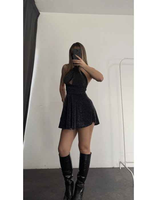 Margot Sırt Dekolte Simli Elbise - Siyah