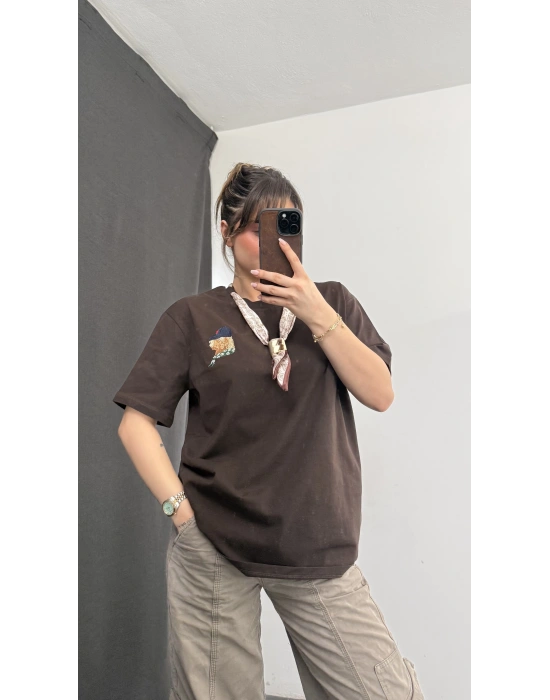 Marlen Fular Detay Tshirt - Kahve