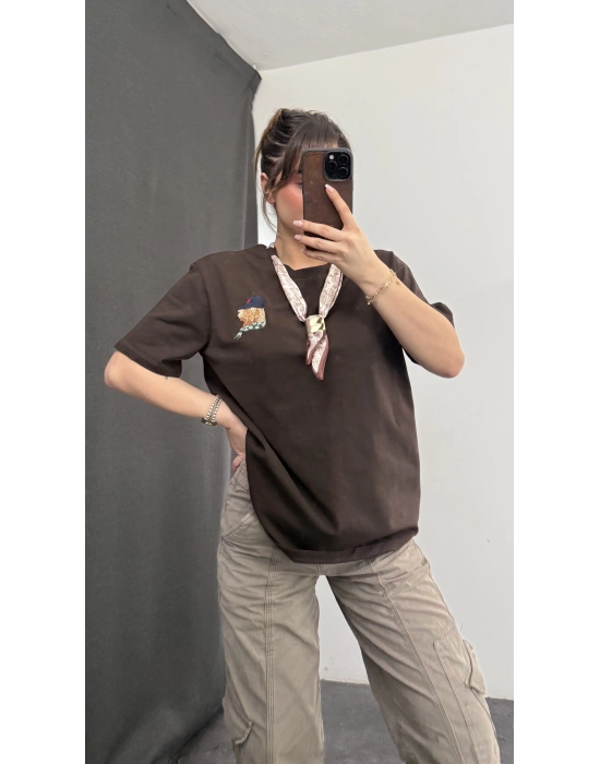 Marlen Fular Detay Tshirt - Kahve