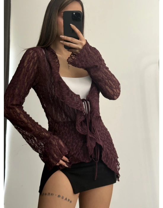 Martha Bağlamalı Dantel Bluz - Bordo