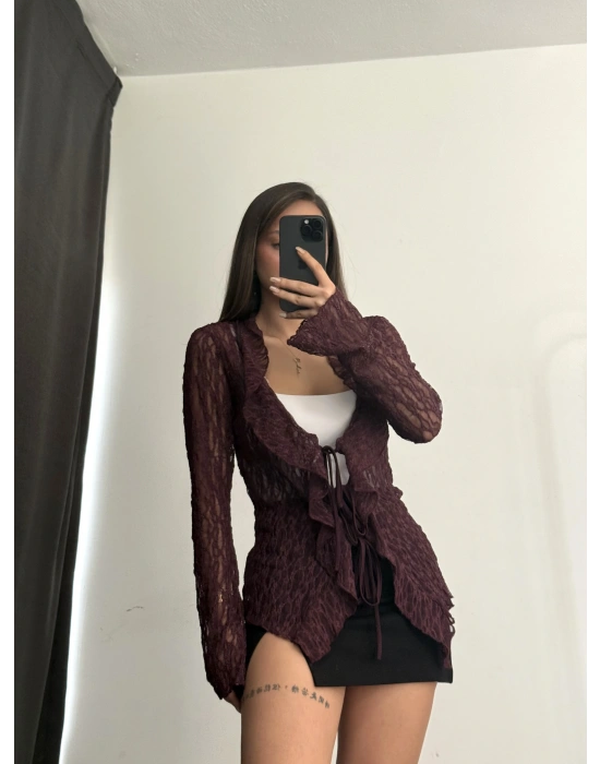 Martha Bağlamalı Dantel Bluz - Bordo