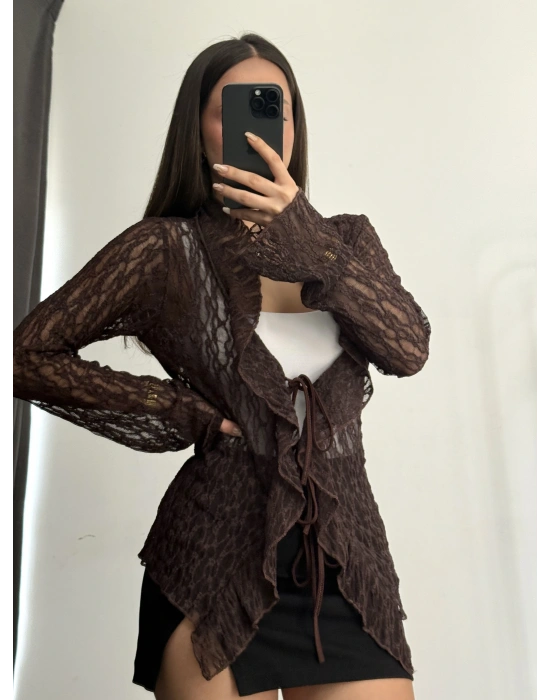 Martha Bağlamalı Dantel Bluz - Kahve