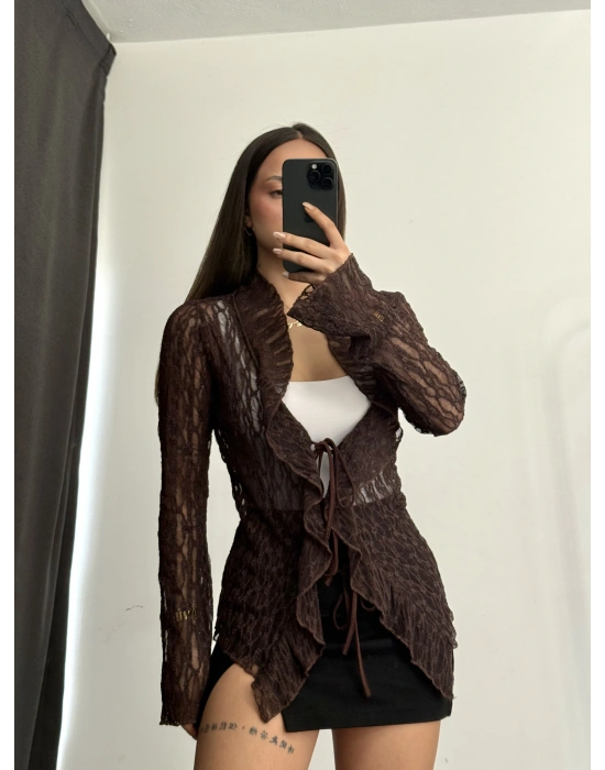 Martha Bağlamalı Dantel Bluz - Kahve