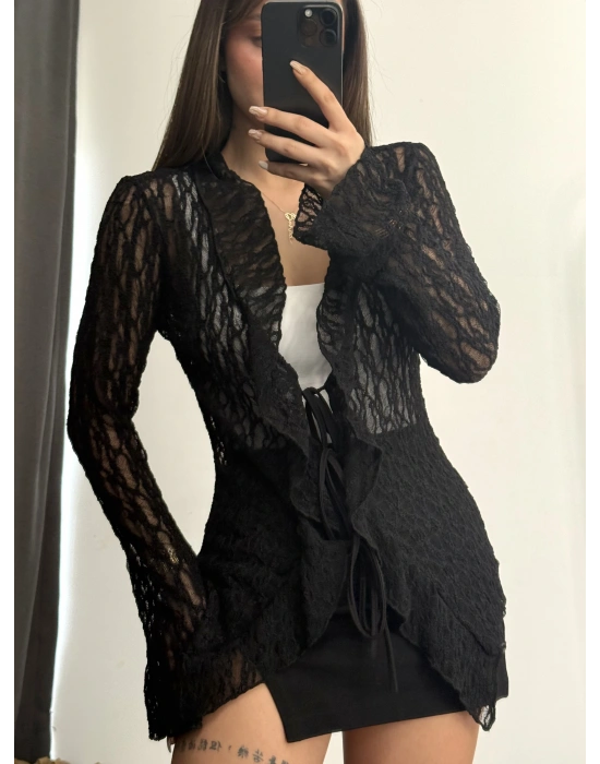 Martha Bağlamalı Dantel Bluz - Siyah