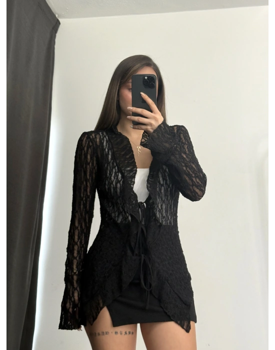 Martha Bağlamalı Dantel Bluz - Siyah