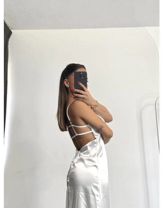 Maxi Saten Elbise - Beyaz