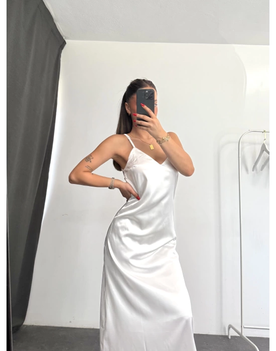 Maxi Saten Elbise - Beyaz