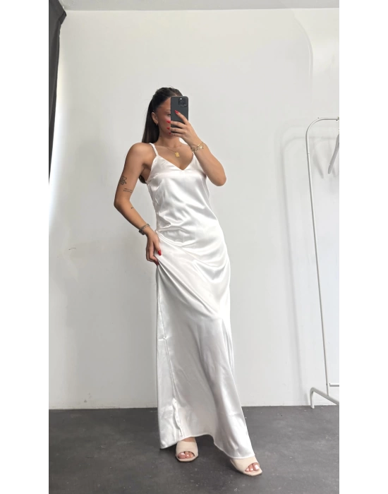 Maxi Saten Elbise - Beyaz