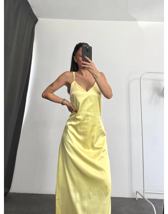 Maxi Saten Elbise - Sarı