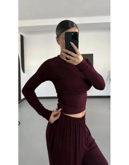 Mayte Yanı Büzgülü Takım - Bordo
