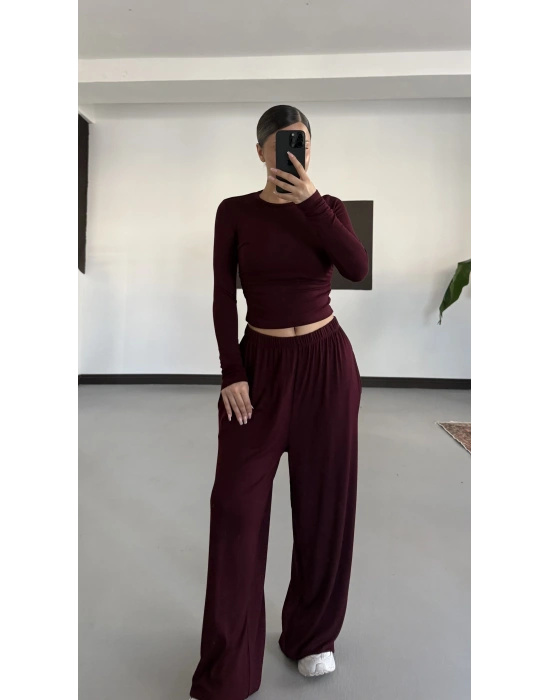Mayte Yanı Büzgülü Takım - Bordo