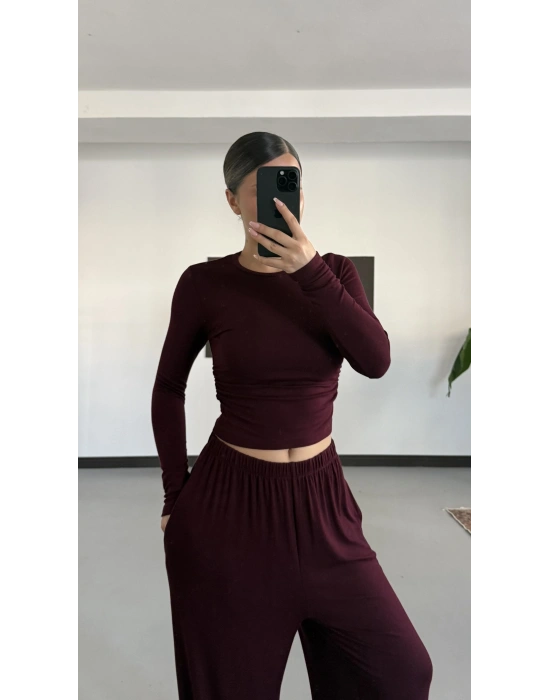 Mayte Yanı Büzgülü Takım - Bordo