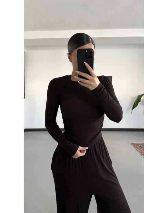 Mayte Yanı Büzgülü Takım - Kahve