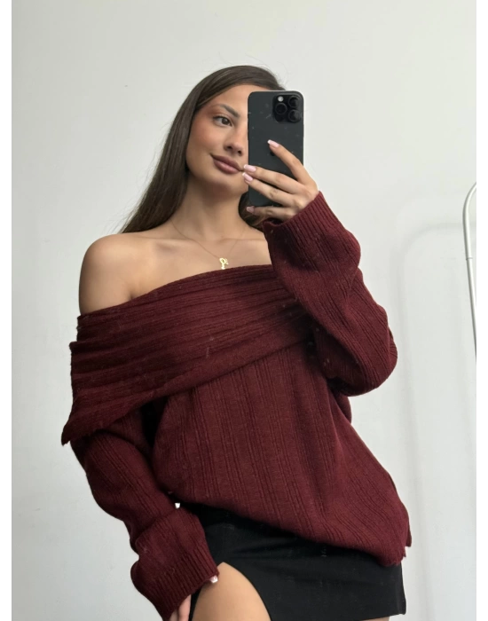 Melody Kayık Yaka Kazak - Bordo