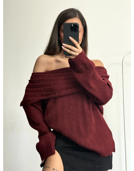 Melody Kayık Yaka Kazak - Bordo
